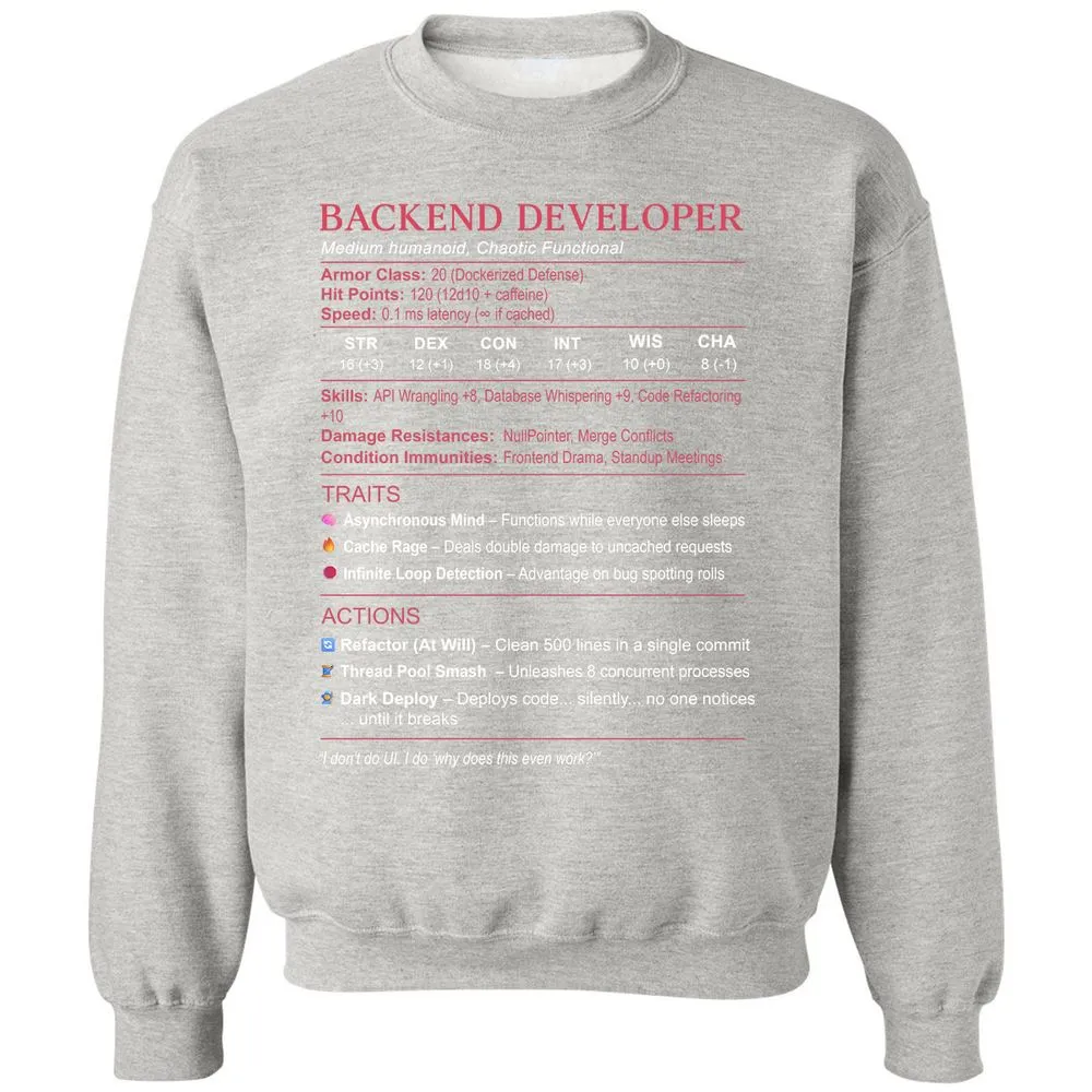Backend Developer Stats Classic Unisex Sweatshirt - Ash - 8