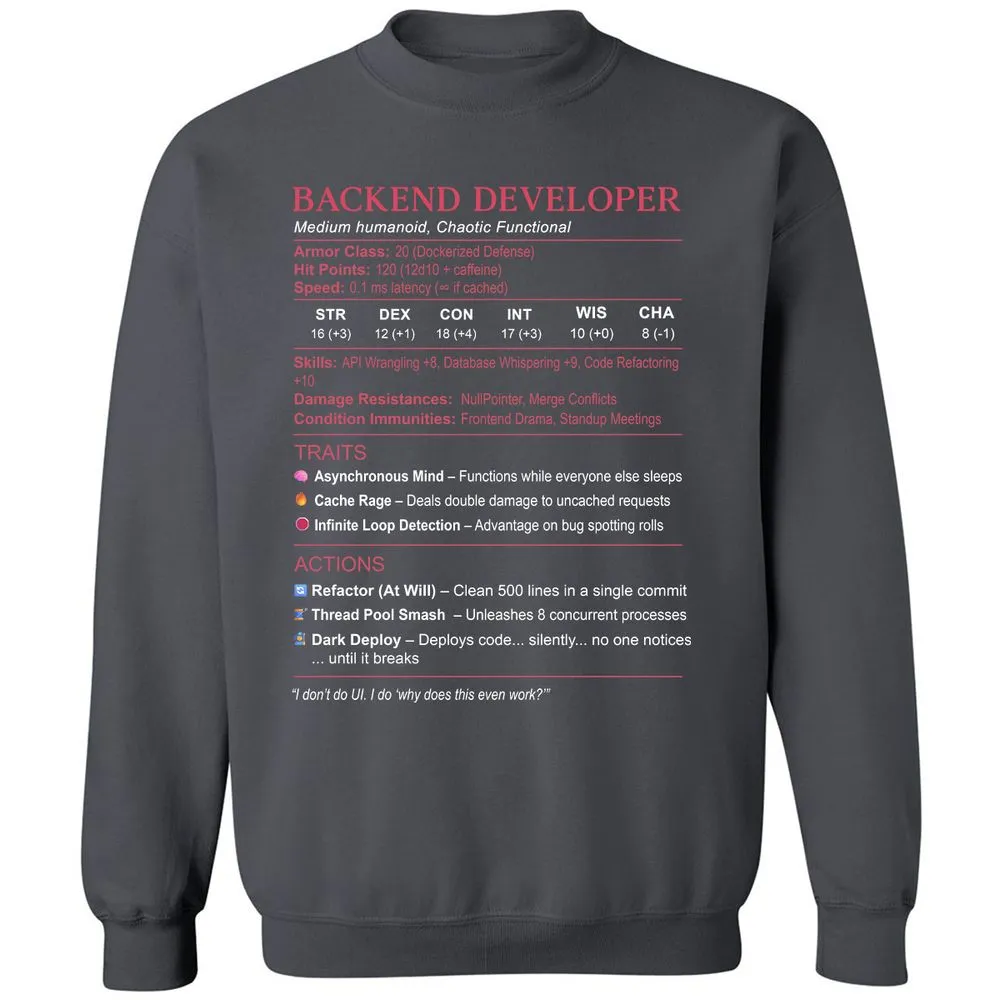 Backend Developer Stats Classic Unisex Sweatshirt - Charcoal - 7