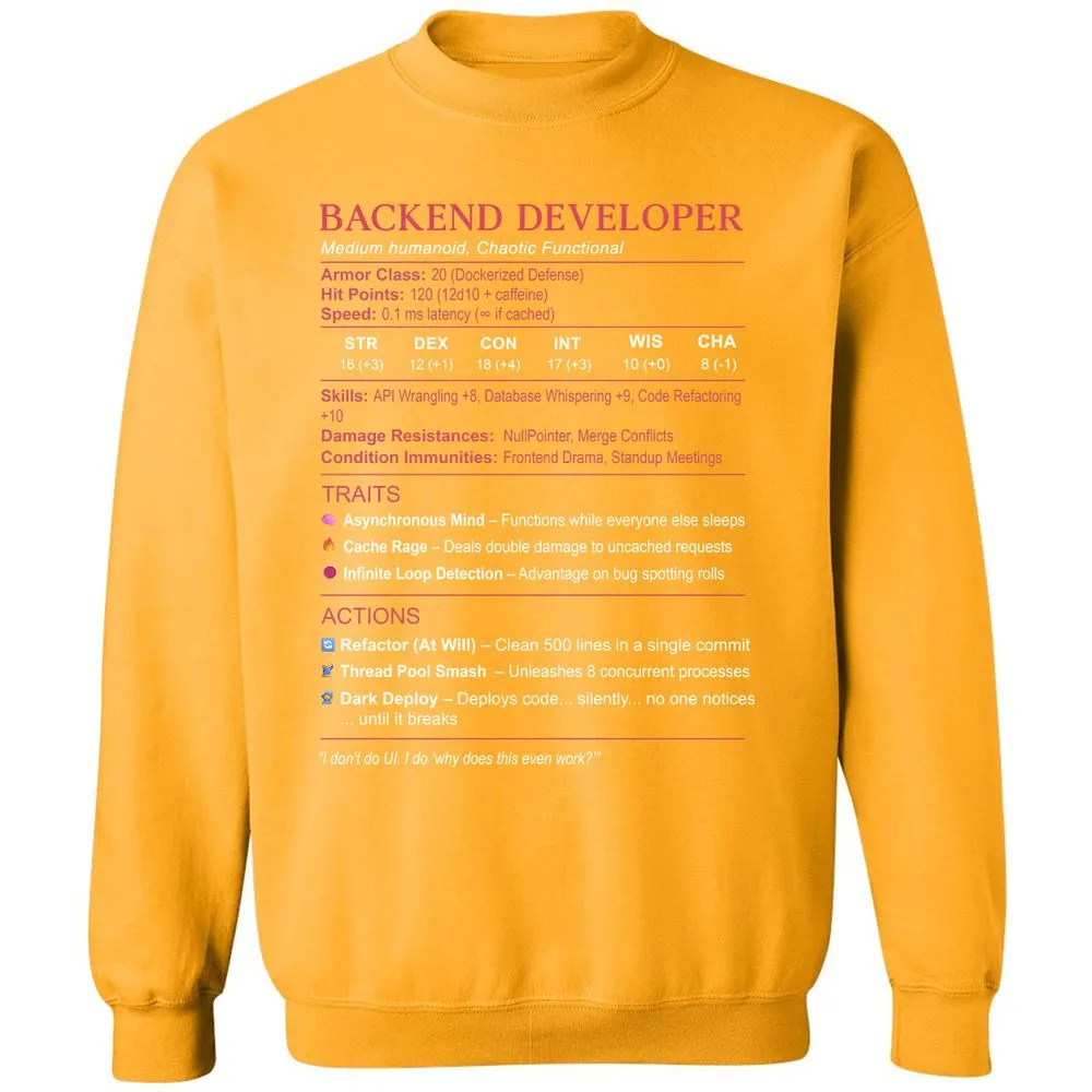 Backend Developer Stats Classic Unisex Sweatshirt - Gold - 11