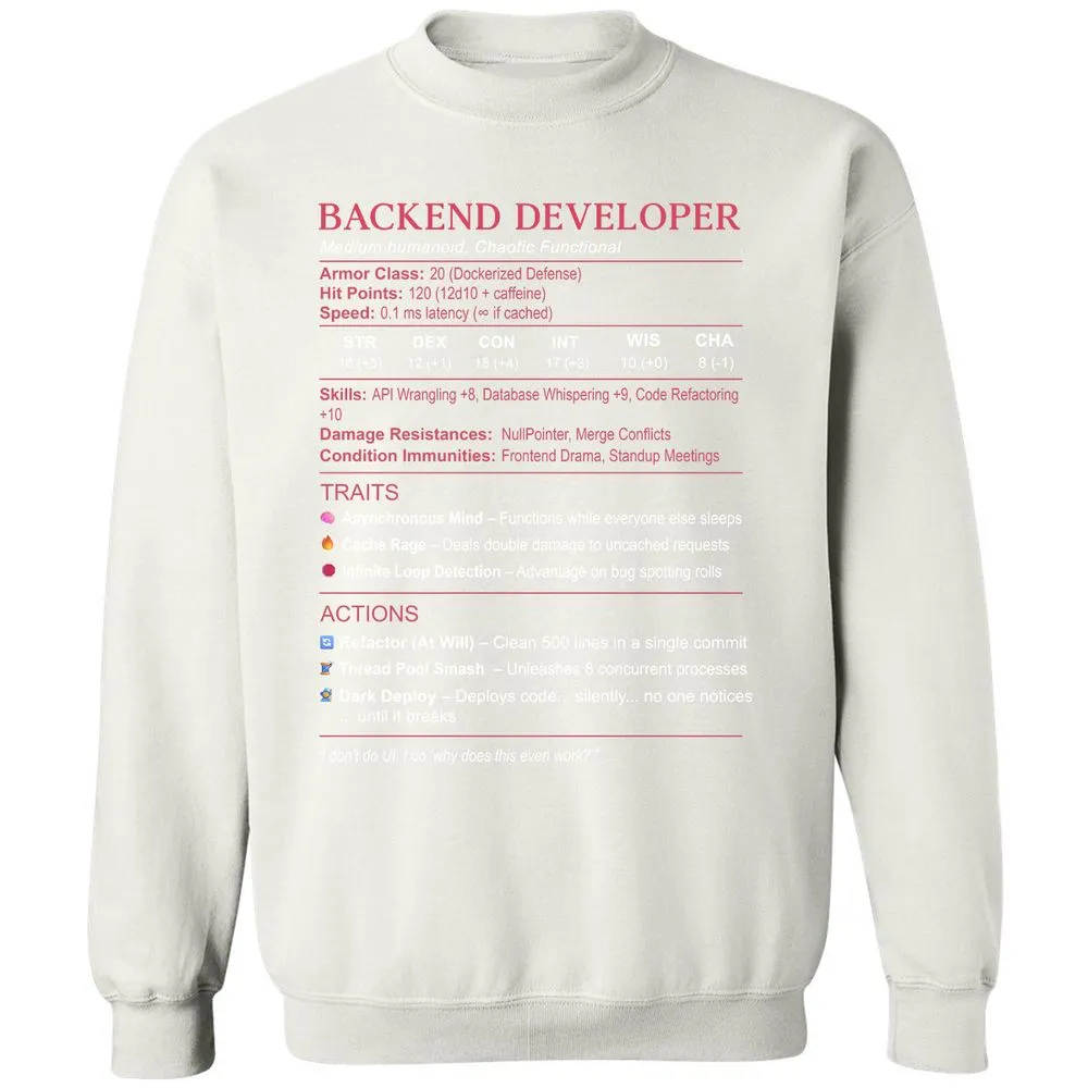 Backend Developer Stats Classic Unisex Sweatshirt - White - 12