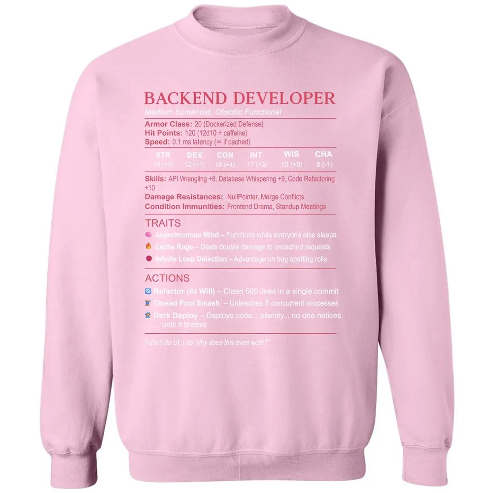 Backend Developer Stats Classic Unisex Sweatshirt - Light Pink - 3