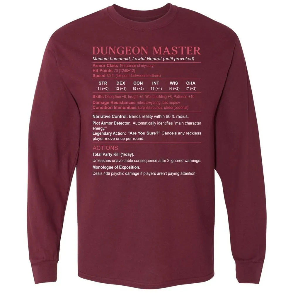 Dungeon Master Stats Long Sleeve T-Shirt - Maroon - 11