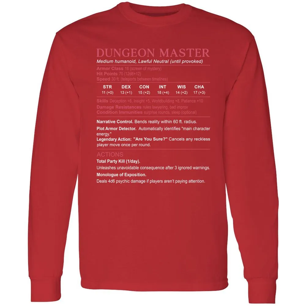 Dungeon Master Stats Long Sleeve T-Shirt - Red - 14