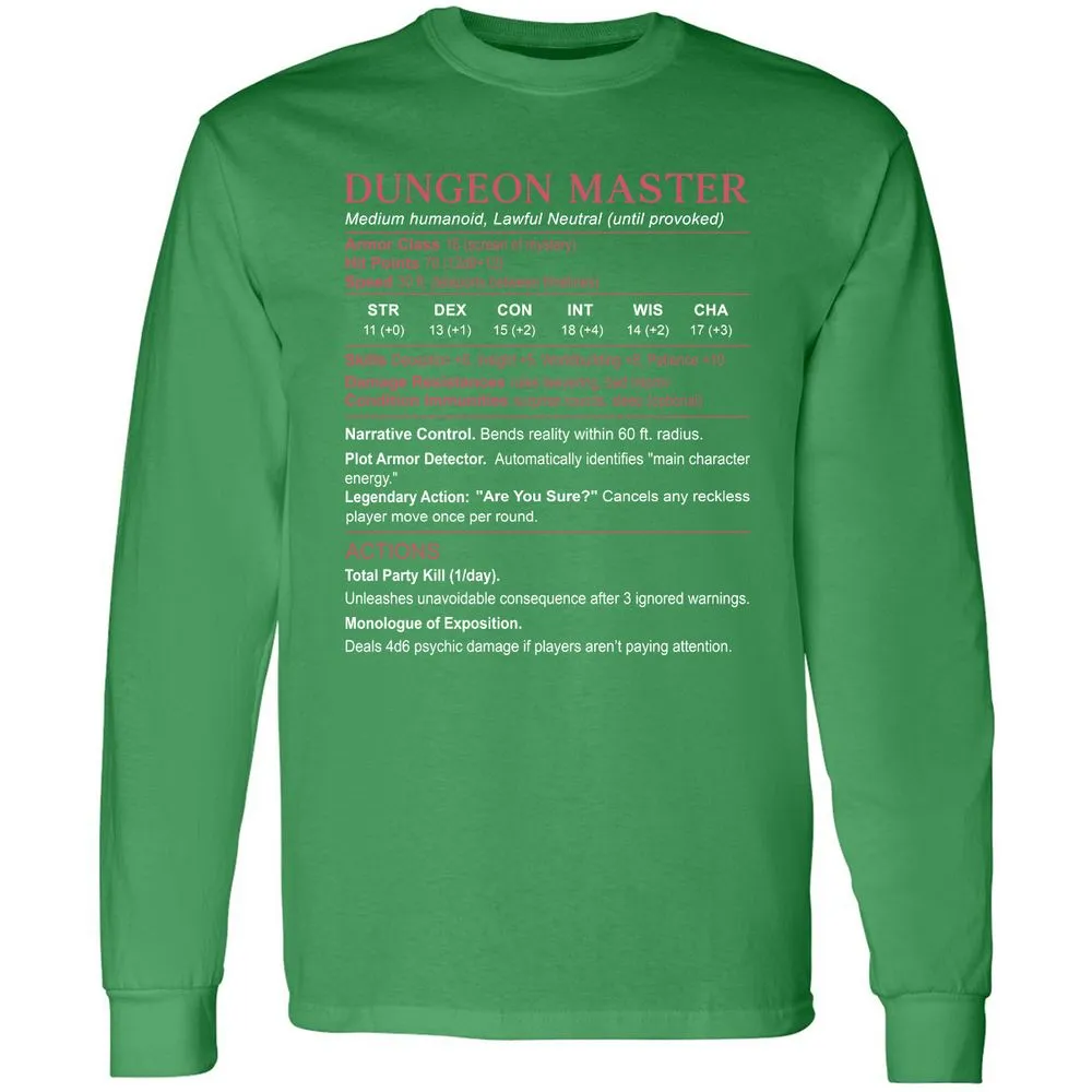 Dungeon Master Stats Long Sleeve T-Shirt - Irish Green - 10