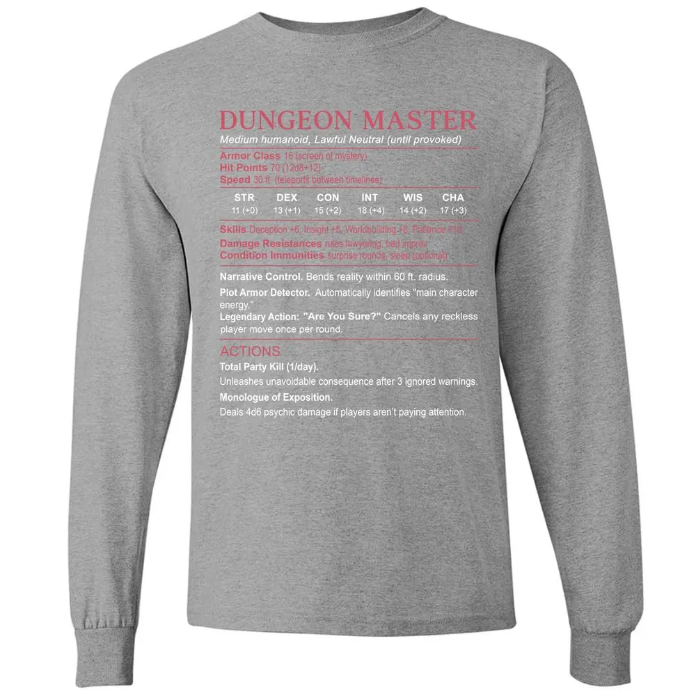 Dungeon Master Stats Long Sleeve T-Shirt - Graphite Heather - 6