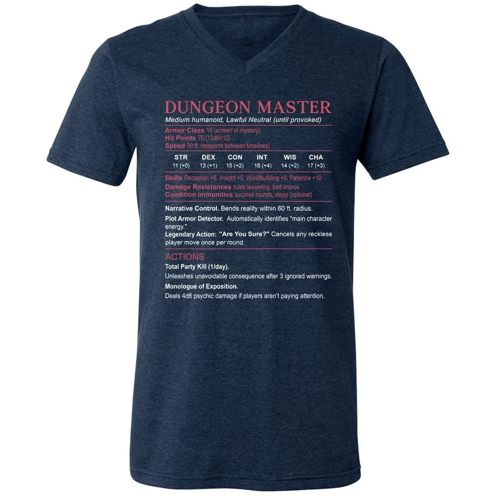 Dungeon Master Stats Unisex V-Neck T-Shirt - Heather Navy - 15