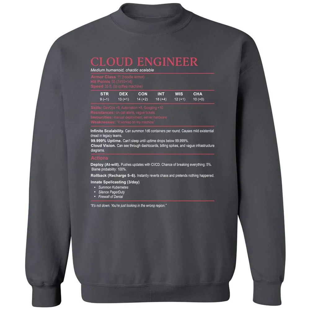 Cloud Engineer Stats Classic Unisex Sweatshirt - Charcoal - 7