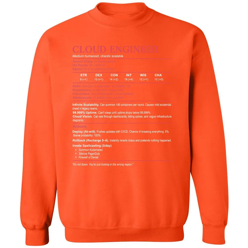 Cloud Engineer Stats Classic Unisex Sweatshirt - Orange - 10