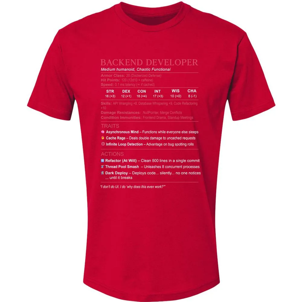 Backend Developer Stats Premium Unisex T-Shirt - Red - 6