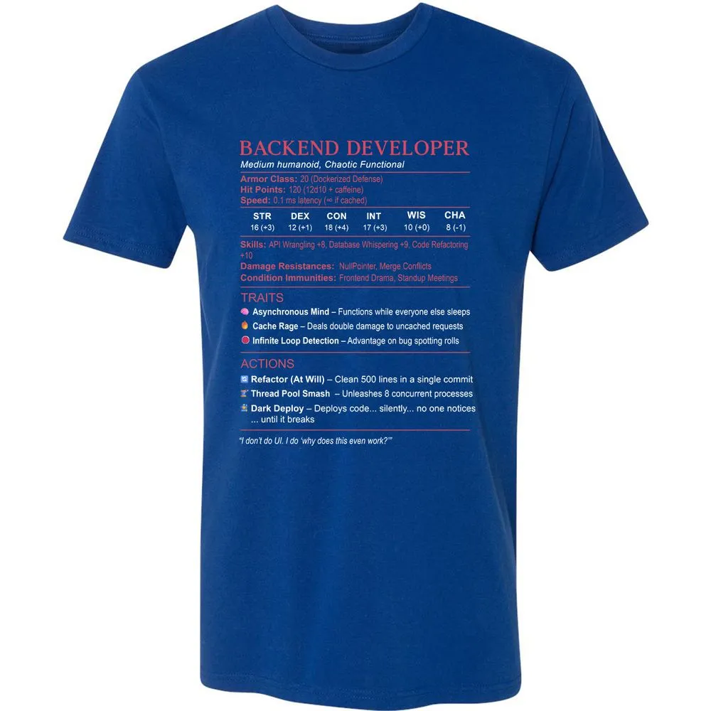 Backend Developer Stats Premium Unisex T-Shirt - Royal - 10