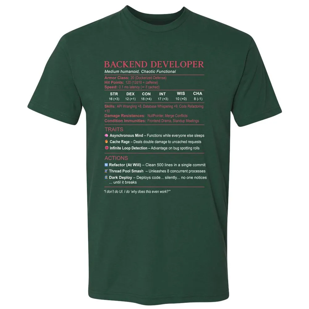 Backend Developer Stats Premium Unisex T-Shirt - Forest Green - 13