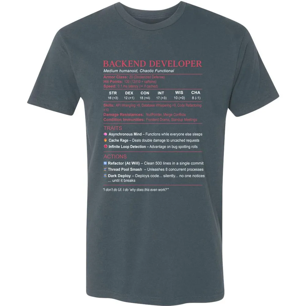 Backend Developer Stats Premium Unisex T-Shirt - Indigo - 15