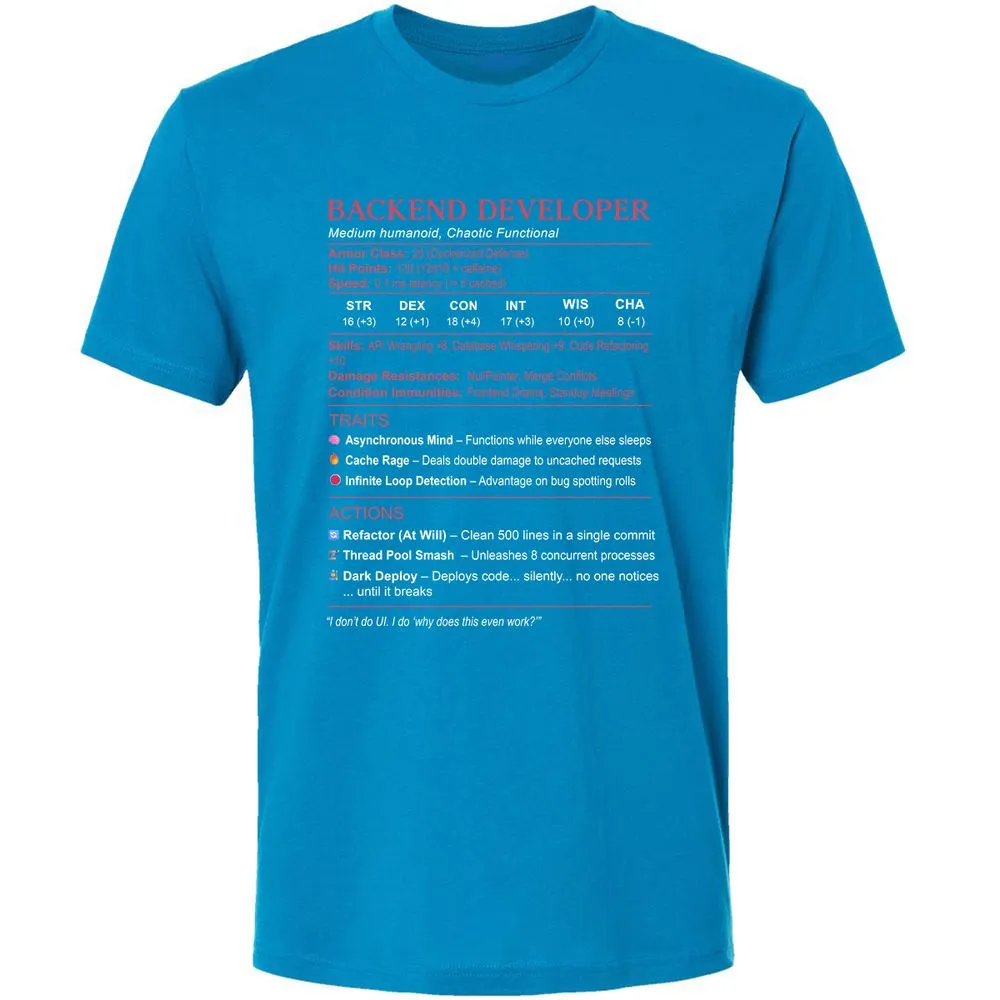 Backend Developer Stats Premium Unisex T-Shirt - Turquoise - 16