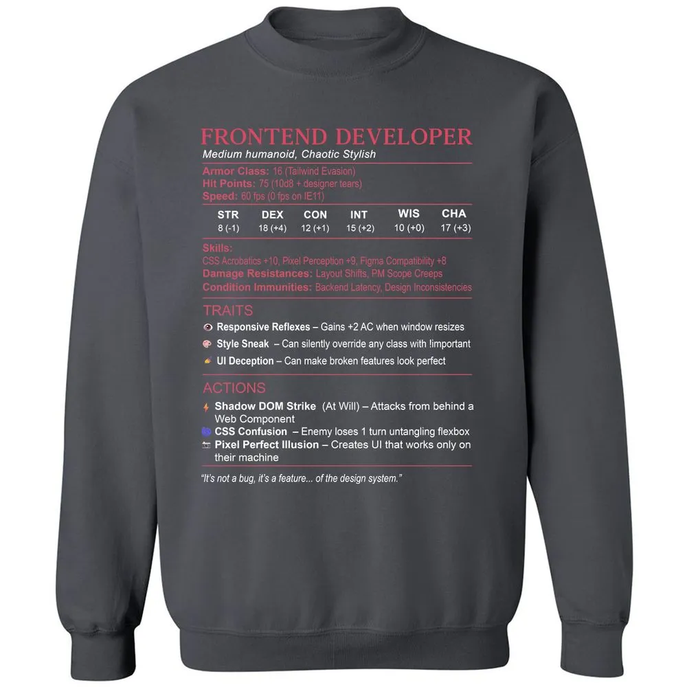 Frontend Developer Stats Classic Unisex Sweatshirt - Charcoal - 7