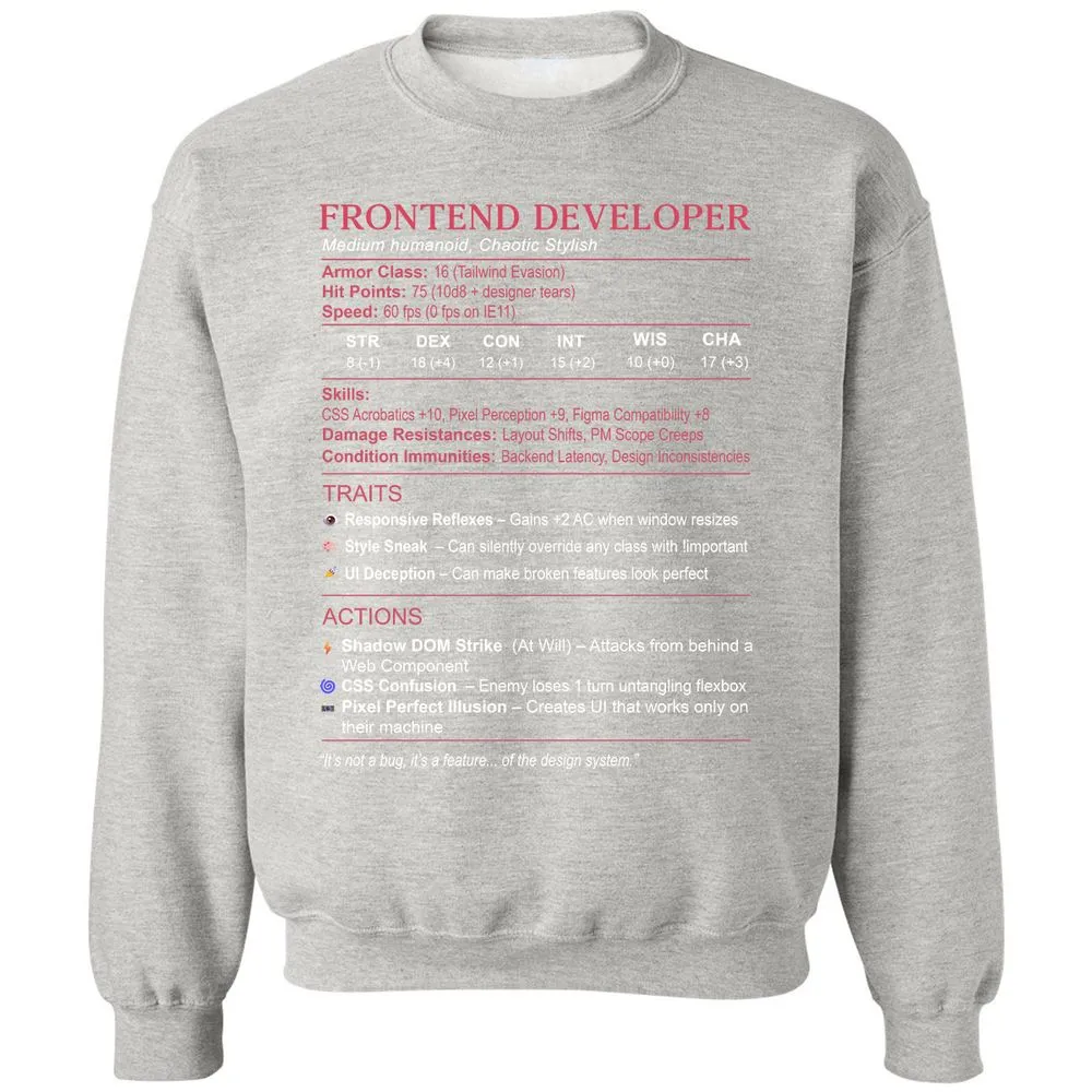 Frontend Developer Stats Classic Unisex Sweatshirt - Ash - 8