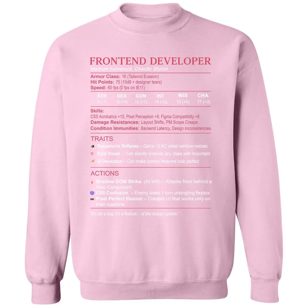 Frontend Developer Stats Classic Unisex Sweatshirt - Light Pink - 3