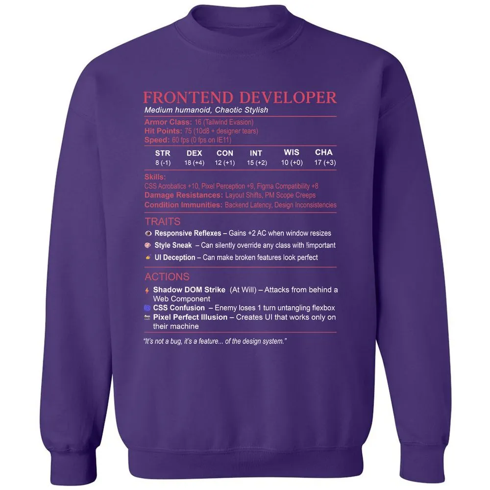 Frontend Developer Stats Classic Unisex Sweatshirt - Purple - 6