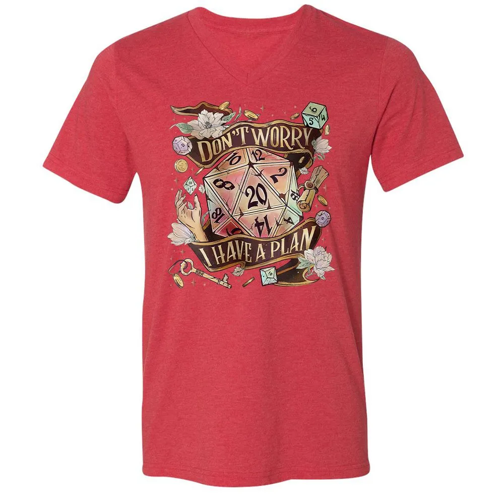 Floral Don't Worry I Have A Plan Unisex V-Neck T-Shirt - Heather Red - 16