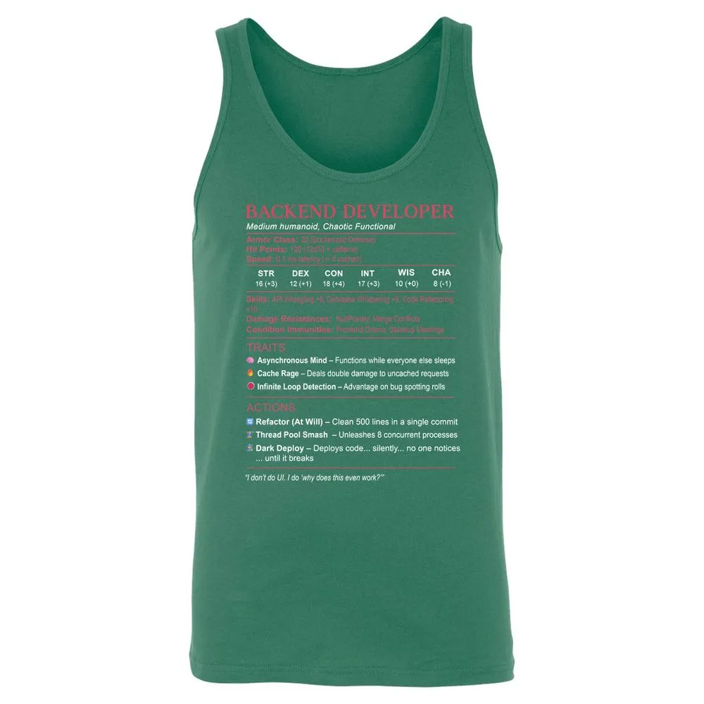 Backend Developer Stats Unisex Jersey Tank - Kelly - 9