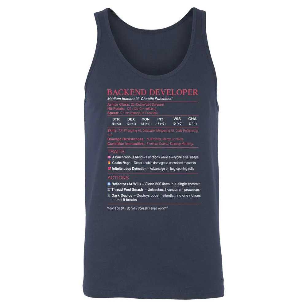 Backend Developer Stats Unisex Jersey Tank - Navy - 2