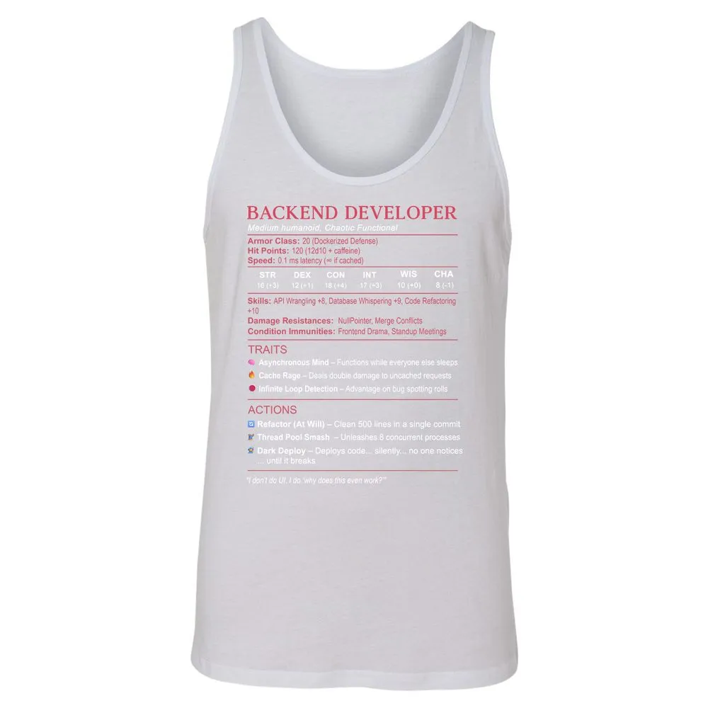 Backend Developer Stats Unisex Jersey Tank - White - 14
