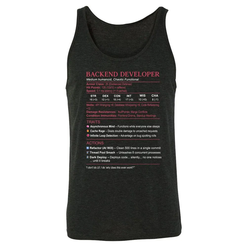 Backend Developer Stats Unisex Jersey Tank - Charcoal Black Triblend - 5
