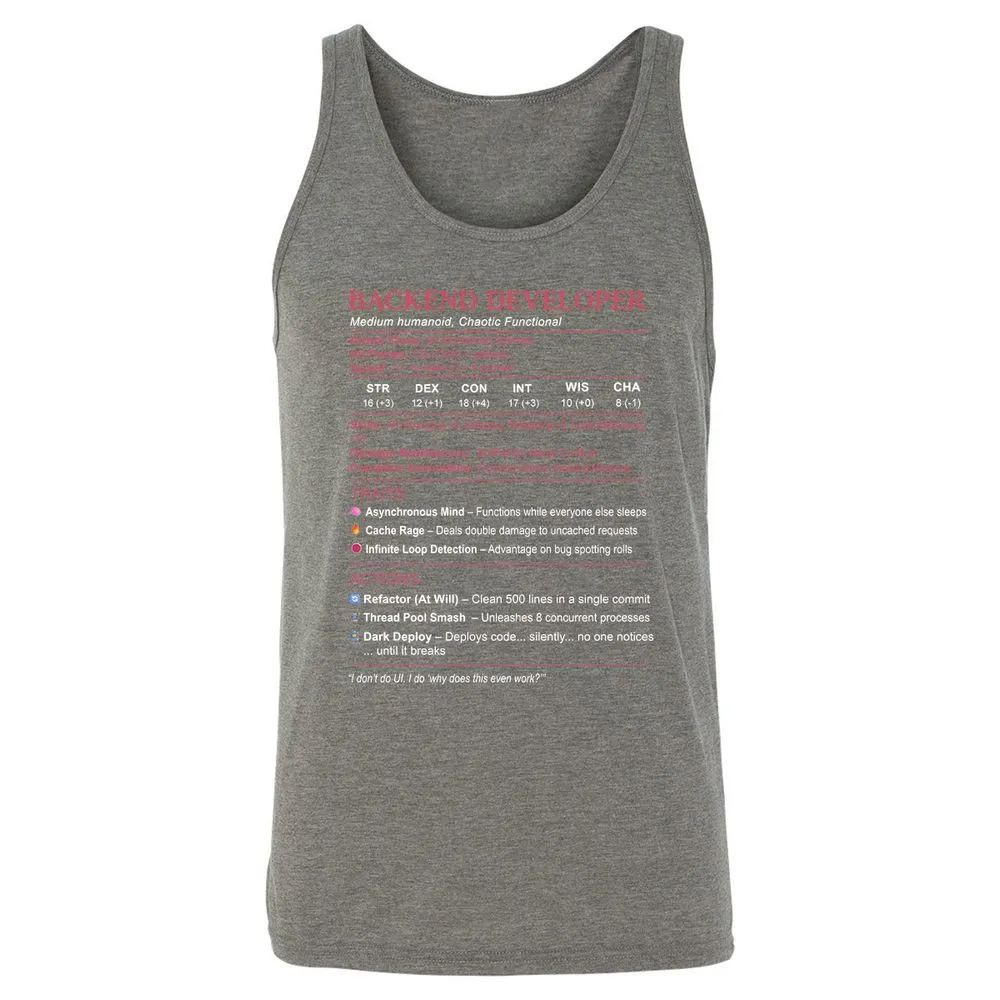 Backend Developer Stats Unisex Jersey Tank - Grey Triblend - 8