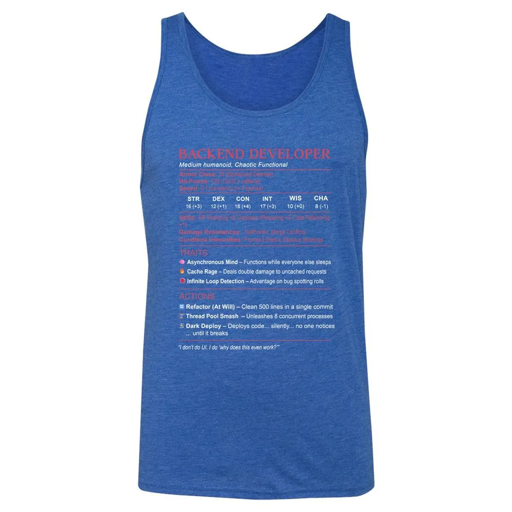 Backend Developer Stats Unisex Jersey Tank - True Royal Triblend - 12