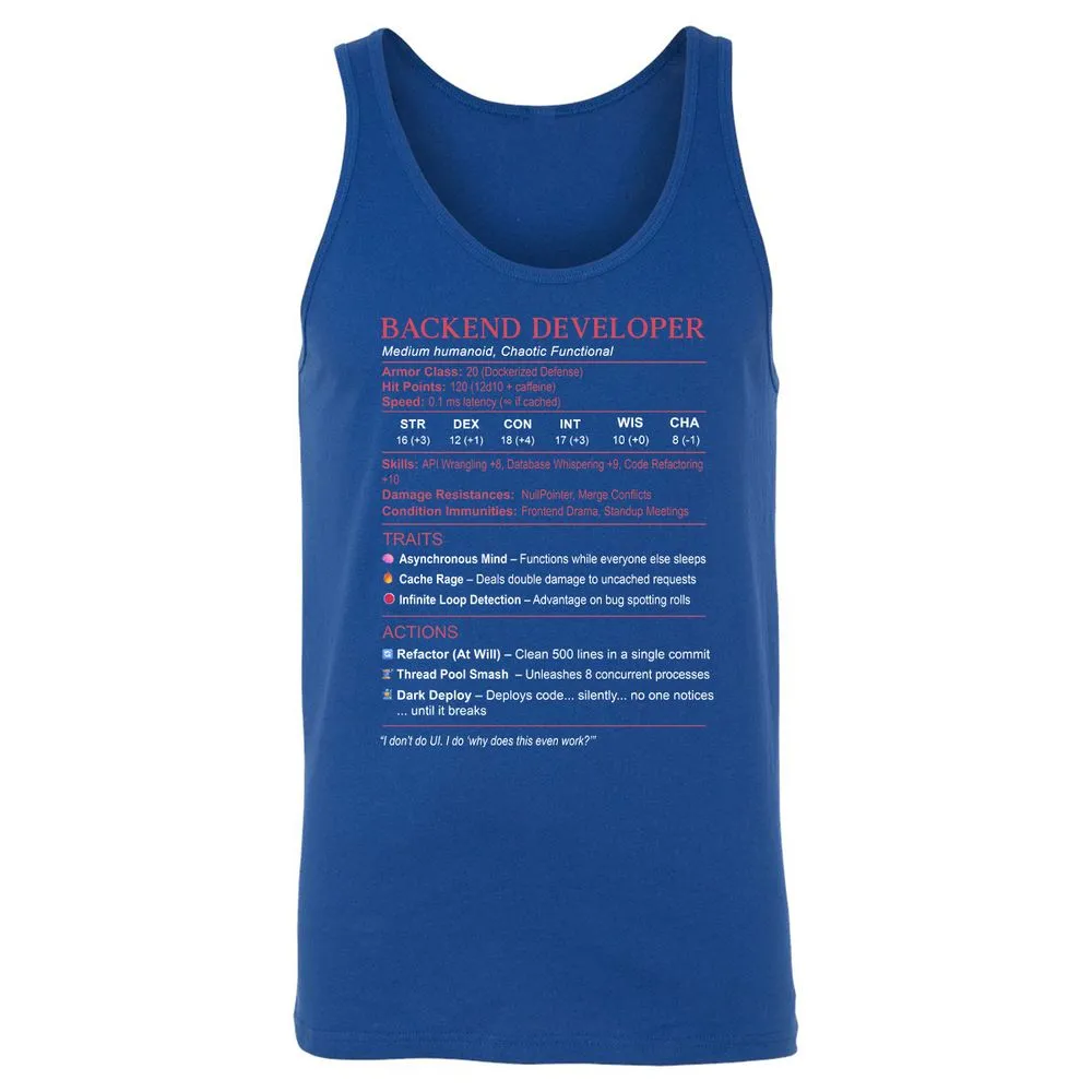 Backend Developer Stats Unisex Jersey Tank - True Royal - 13