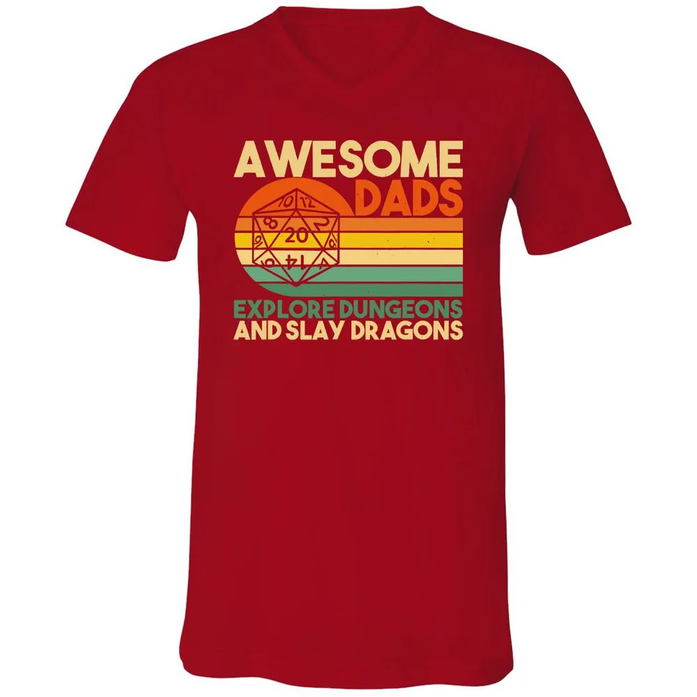 Awesome Dads Explore Dungeons Unisex V-Neck T-Shirt - Red - 3