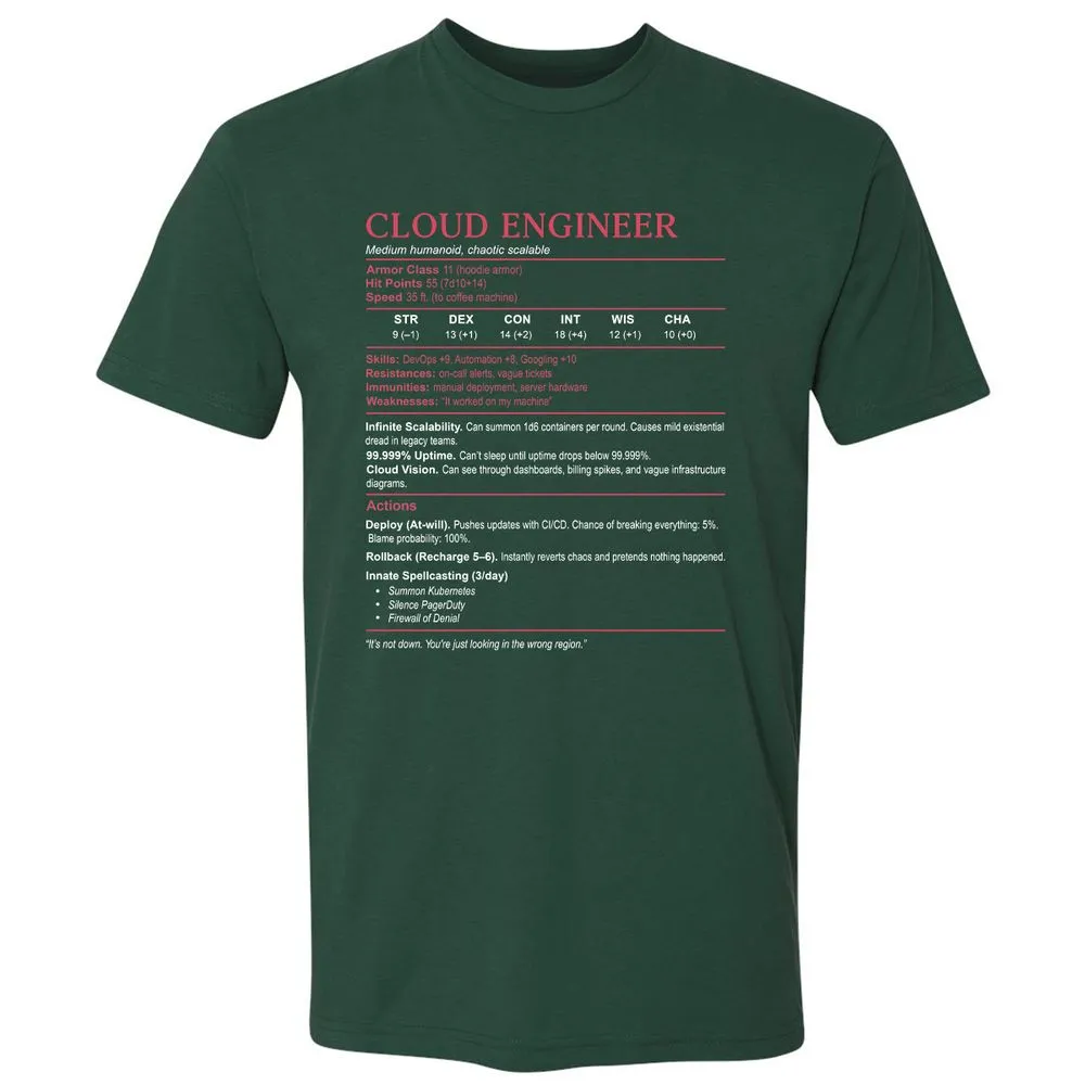 Cloud Engineer Stats Premium Unisex T-Shirt - Forest Green - 13