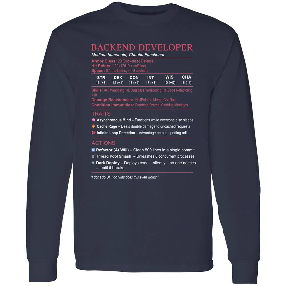 Backend Developer Stats Long Sleeve T-Shirt - Navy - 2