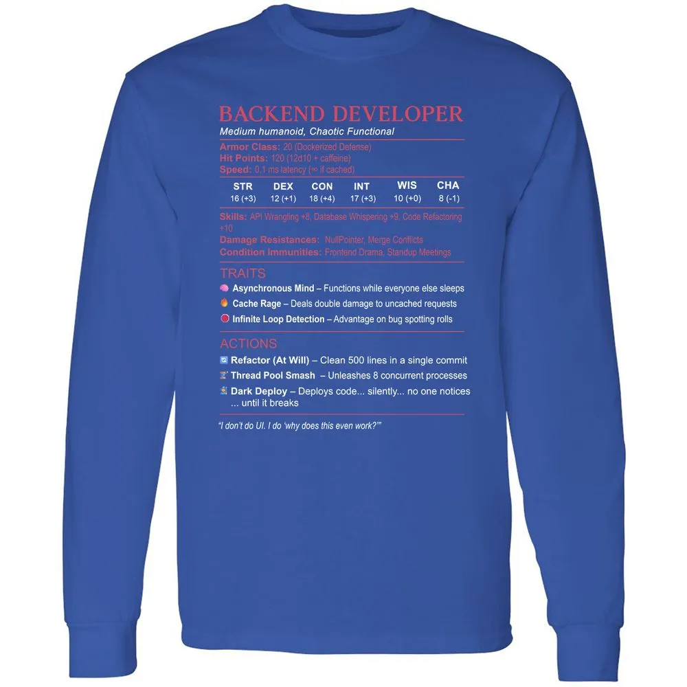 Backend Developer Stats Long Sleeve T-Shirt - Royal - 8