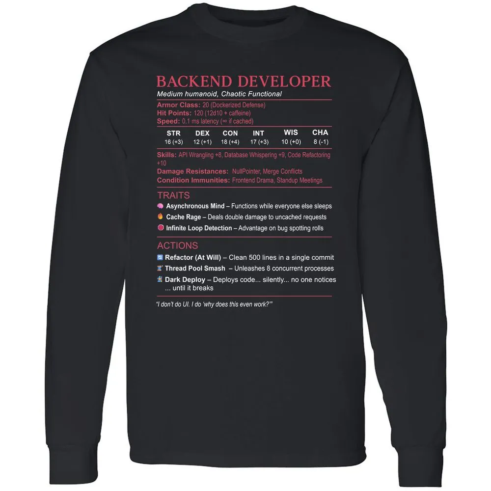 Backend Developer Stats Long Sleeve T-Shirt - Black - 1