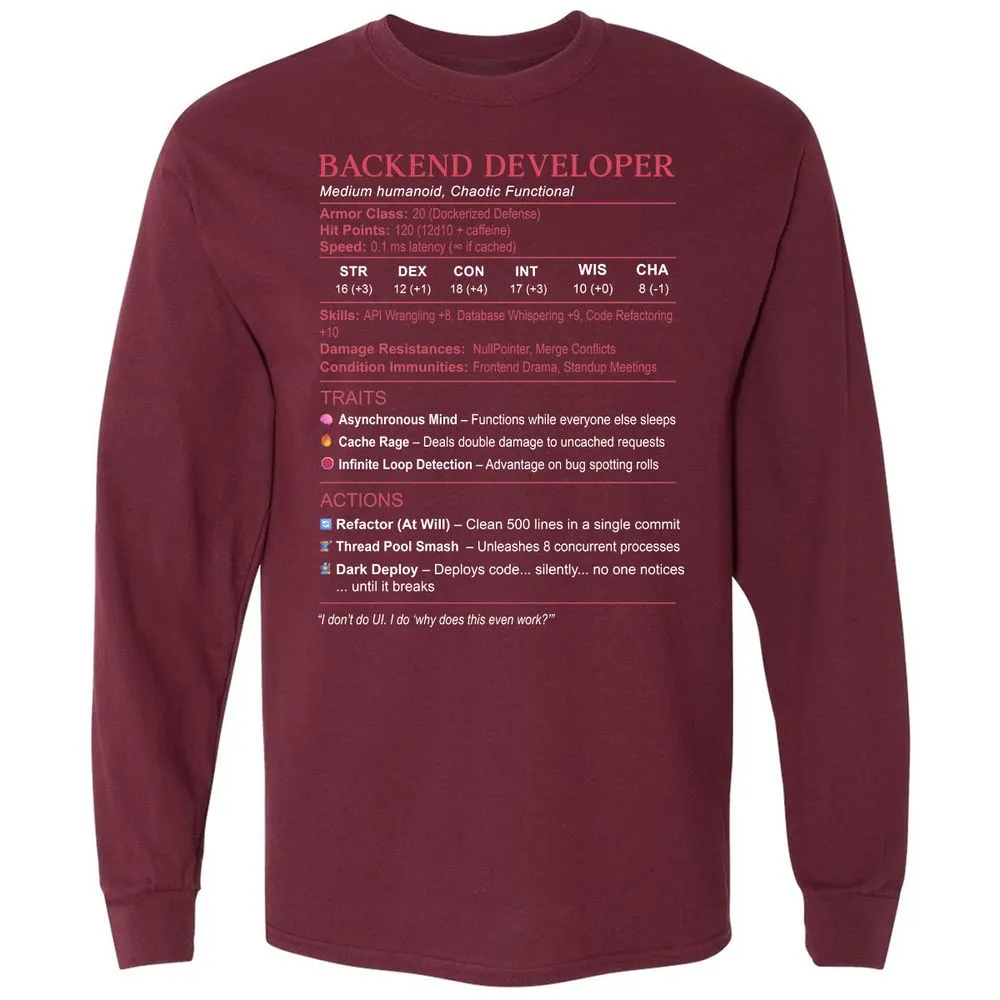 Backend Developer Stats Long Sleeve T-Shirt - Maroon - 11