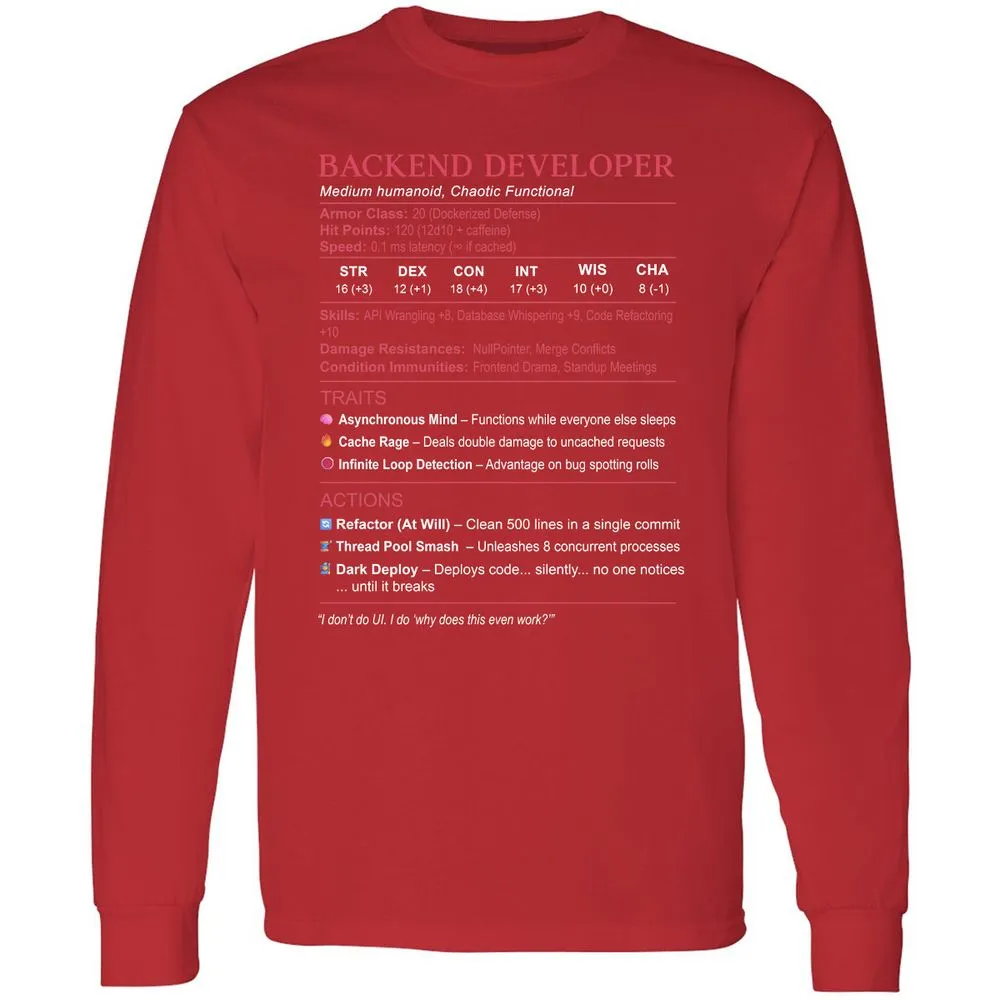 Backend Developer Stats Long Sleeve T-Shirt - Red - 14
