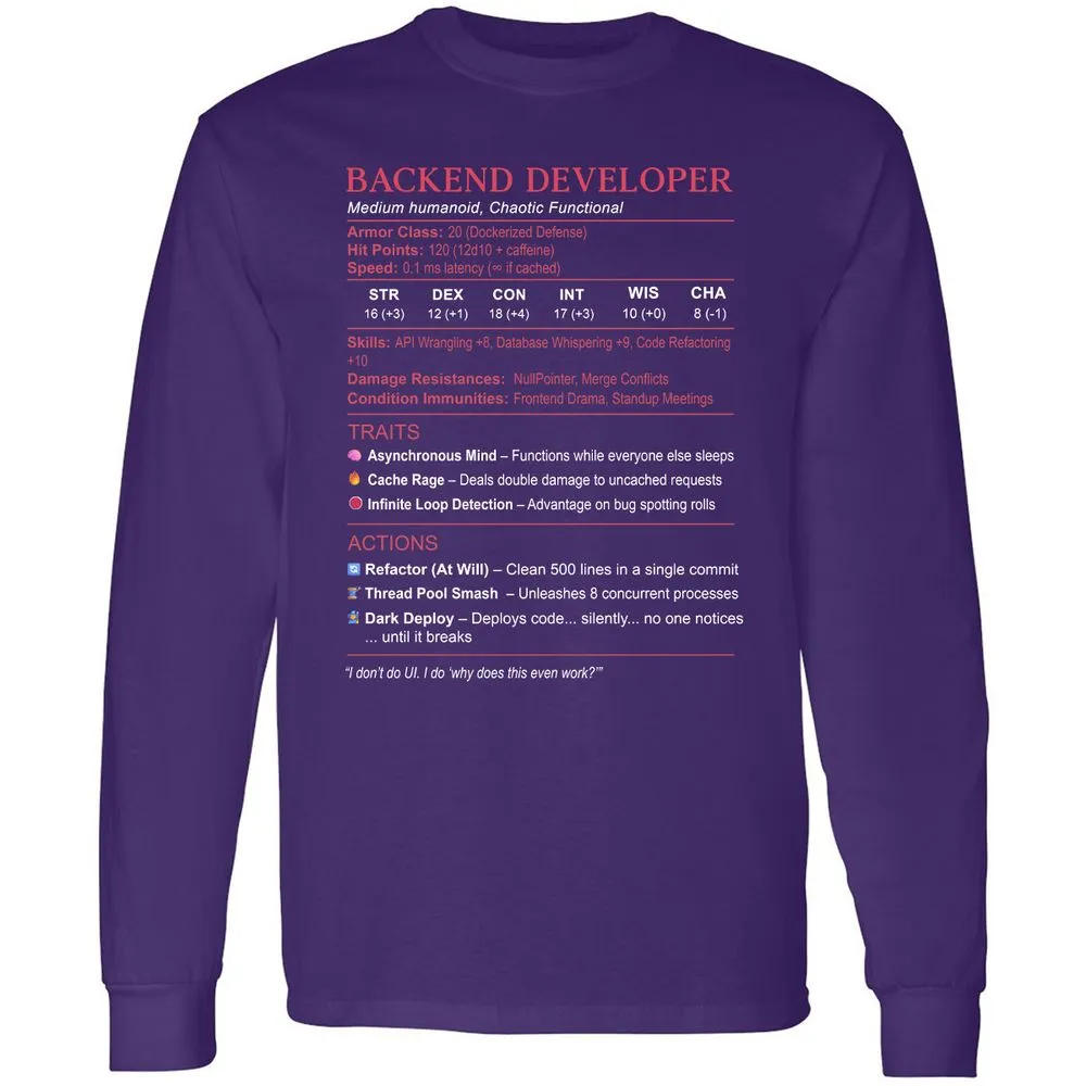 Backend Developer Stats Long Sleeve T-Shirt - Purple - 13