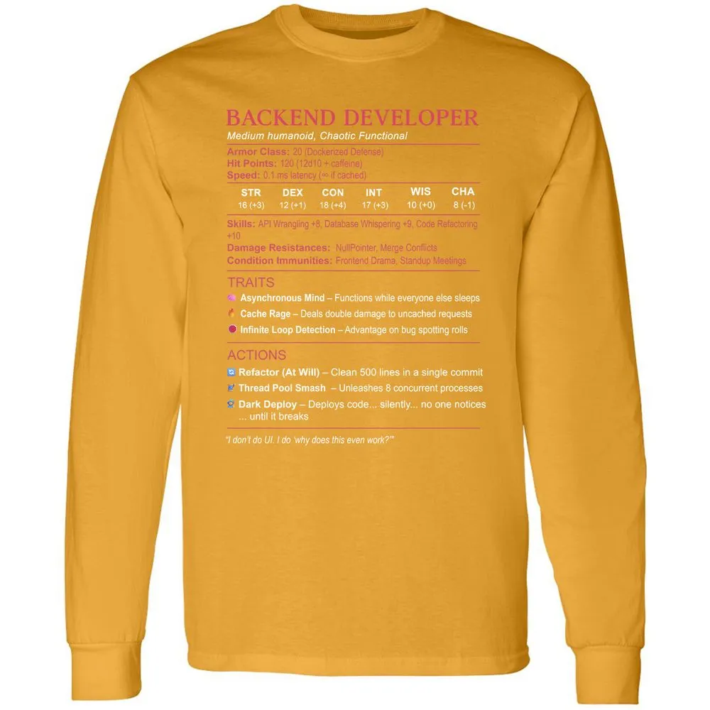 Backend Developer Stats Long Sleeve T-Shirt - Gold - 9