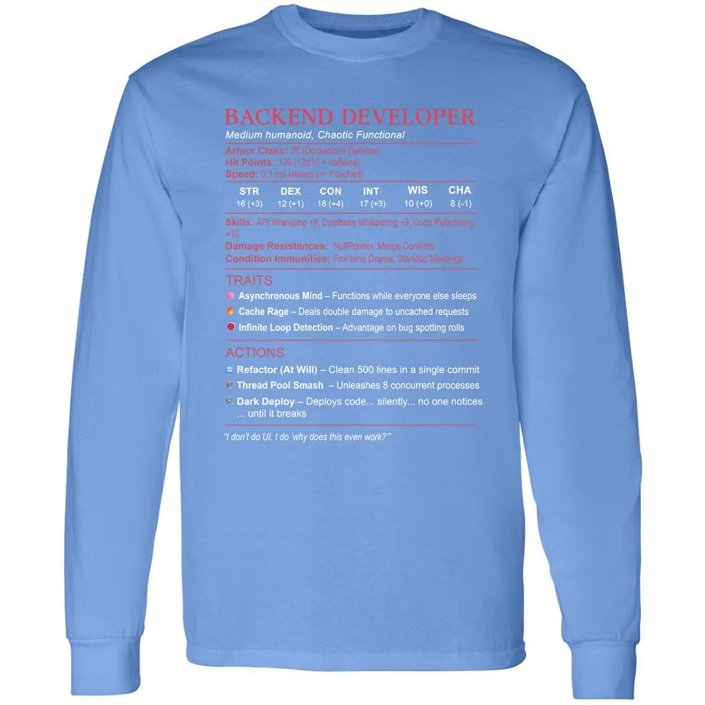 Backend Developer Stats Long Sleeve T-Shirt - Carolina Blue - 12
