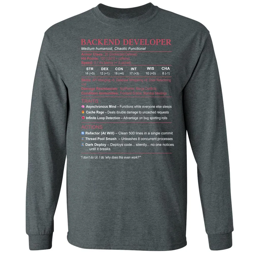 Backend Developer Stats Long Sleeve T-Shirt - Dark Heather - 15
