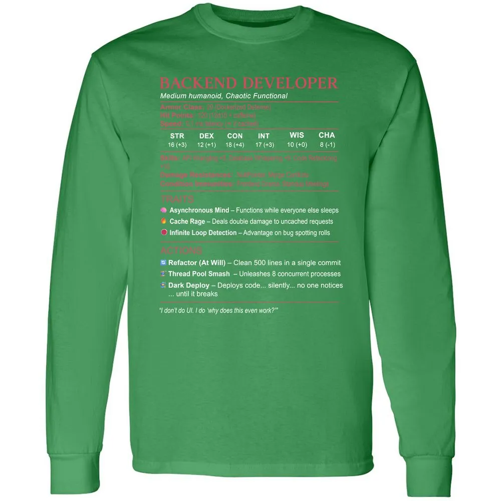 Backend Developer Stats Long Sleeve T-Shirt - Irish Green - 10