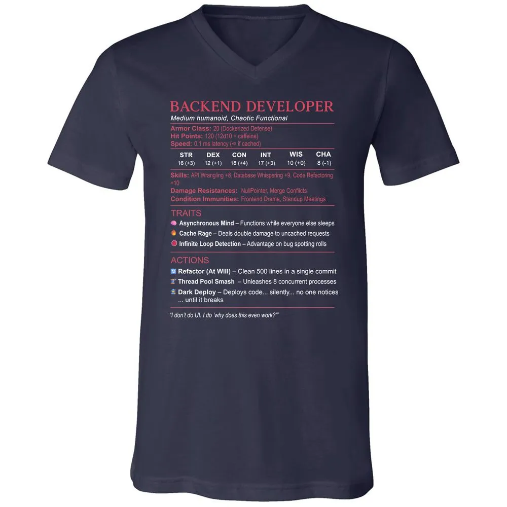 Backend Developer Stats Unisex V-Neck T-Shirt - Navy - 2