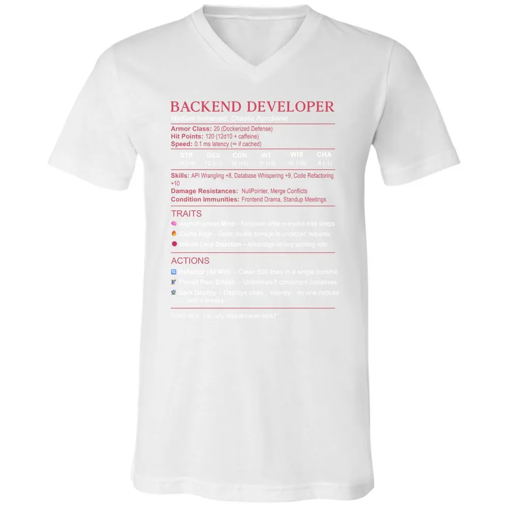 Backend Developer Stats Unisex V-Neck T-Shirt - White - 5
