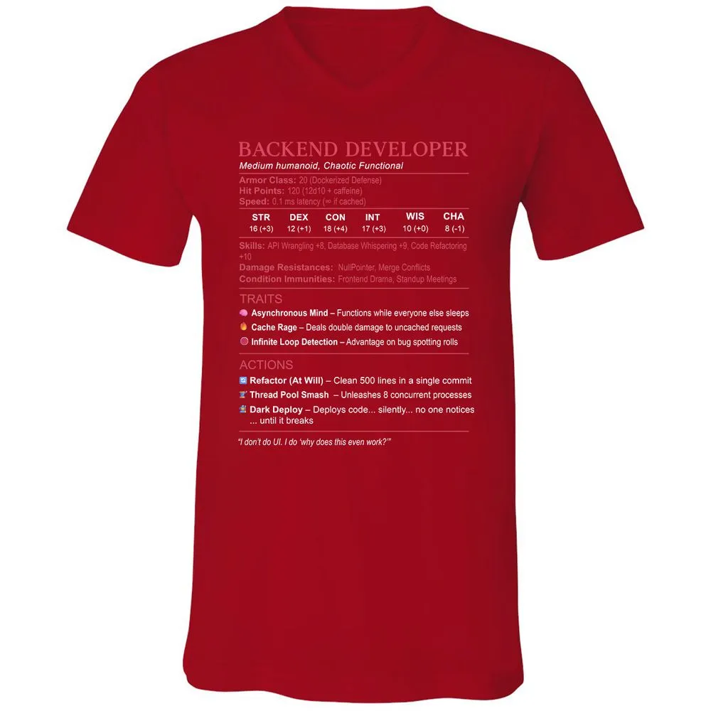 Backend Developer Stats Unisex V-Neck T-Shirt - Red - 3