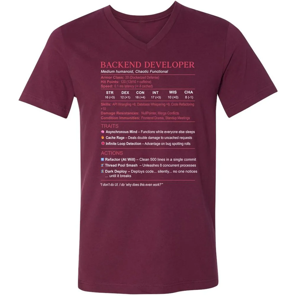 Backend Developer Stats Unisex V-Neck T-Shirt - Maroon - 6