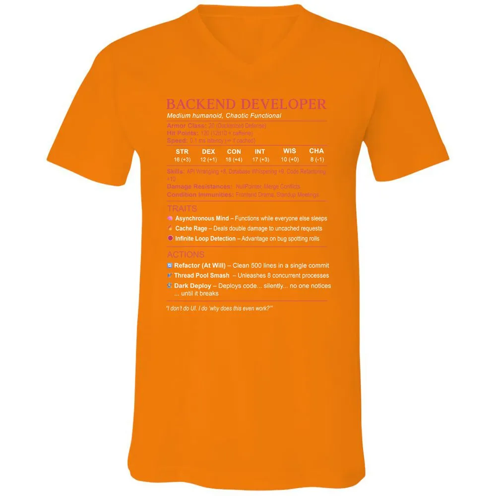 Backend Developer Stats Unisex V-Neck T-Shirt - Orange - 11