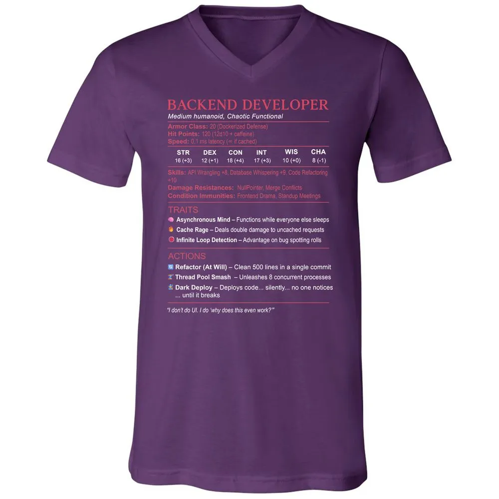 Backend Developer Stats Unisex V-Neck T-Shirt - Team Purple - 9