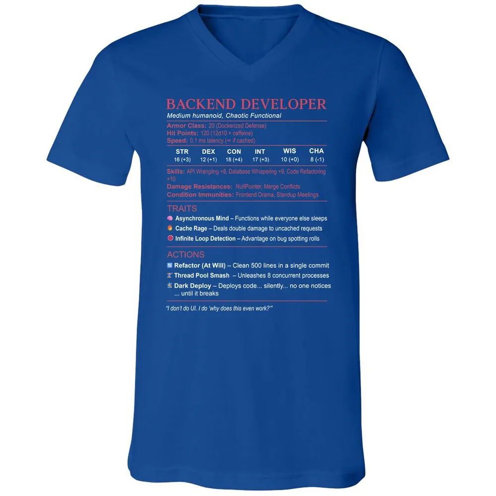 Backend Developer Stats Unisex V-Neck T-Shirt - True Royal - 4