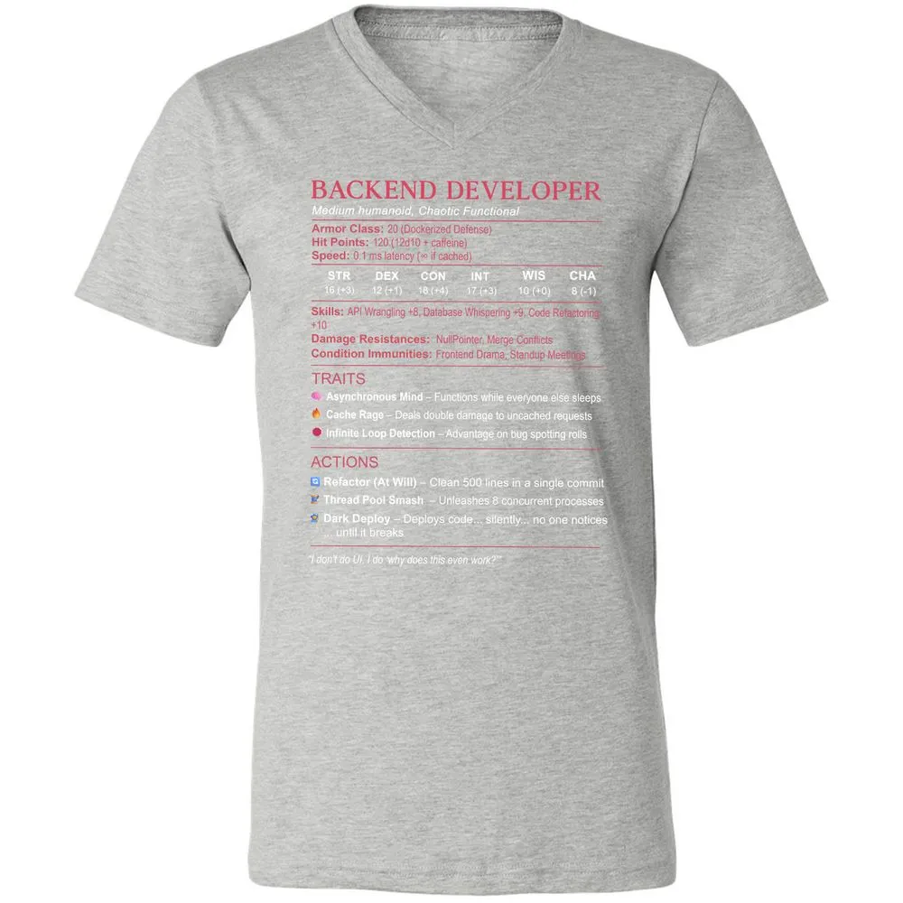 Backend Developer Stats Unisex V-Neck T-Shirt - Athletic Heather - 7