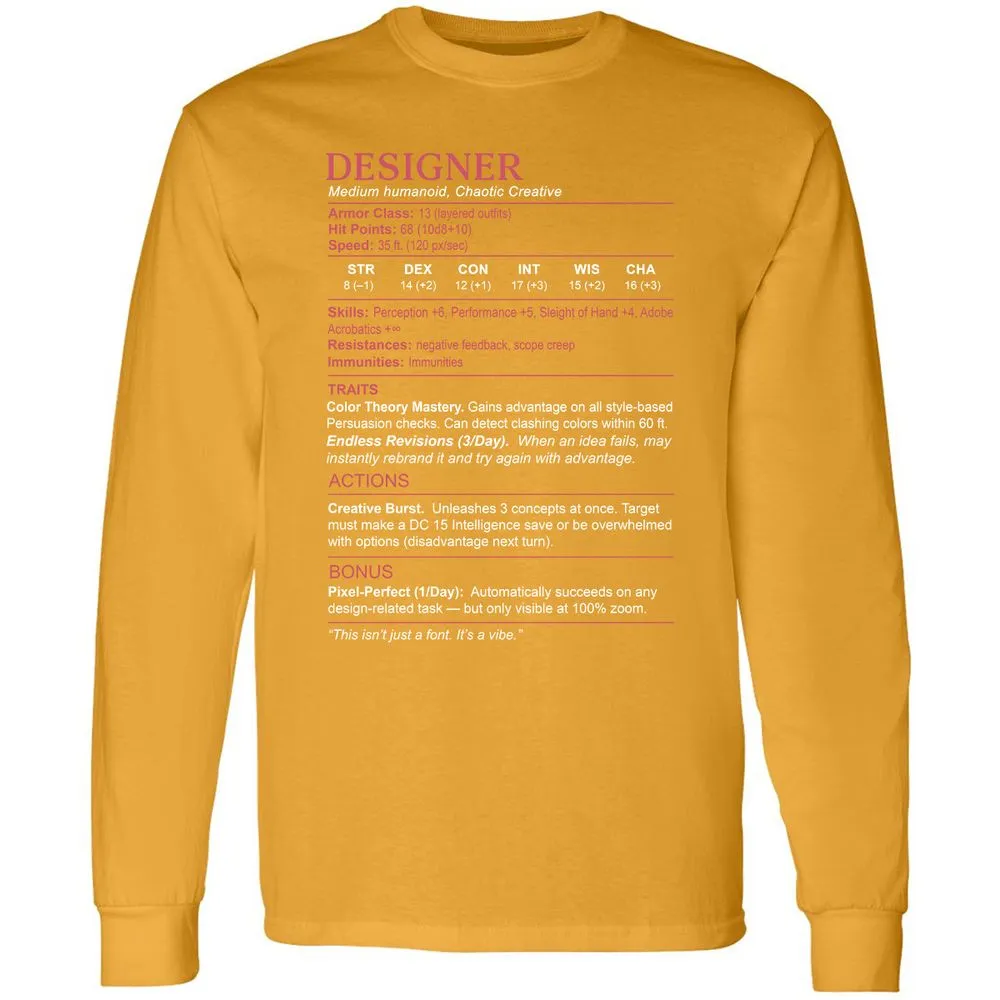 Designer Stats Long Sleeve T-Shirt - Gold - 9